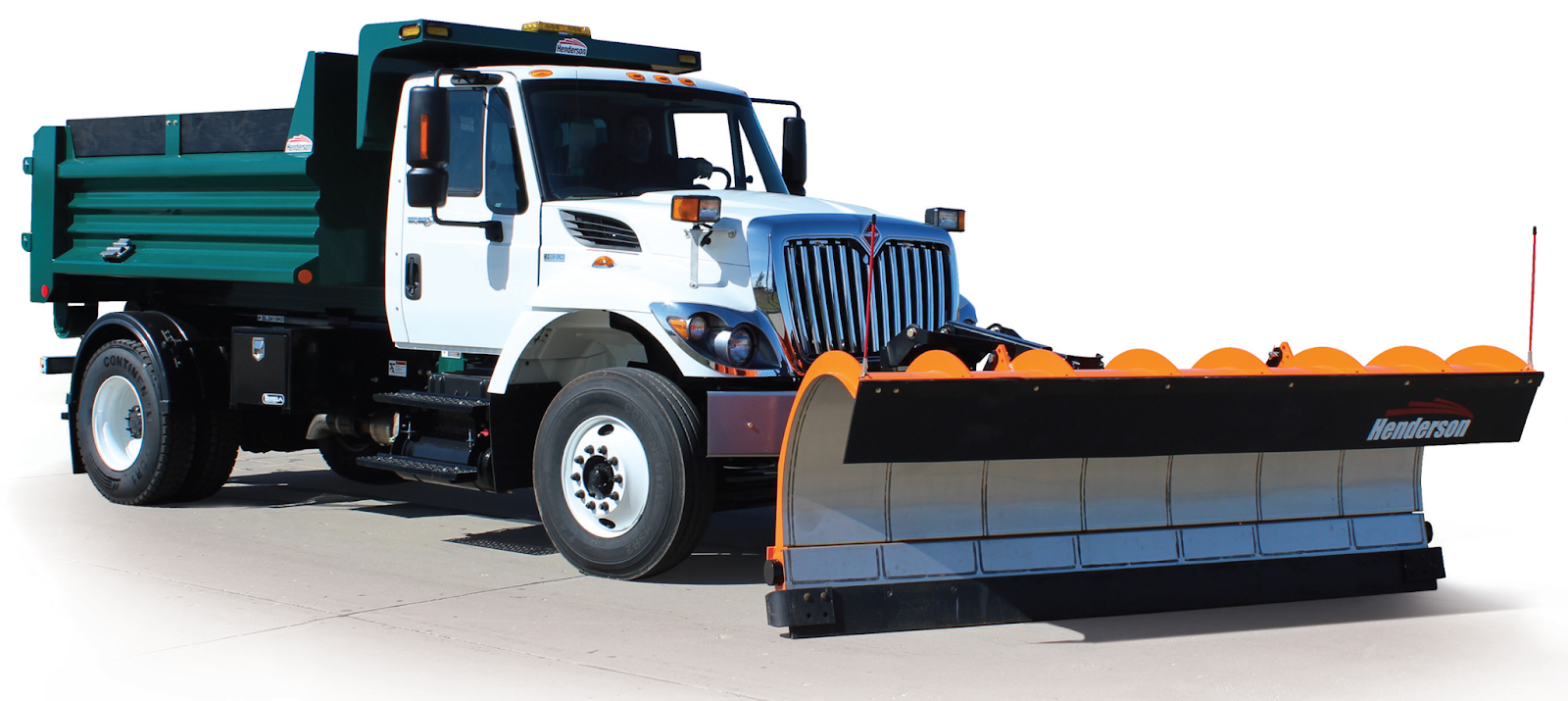 white body international truck with a green bed and orange Henderson plow on the front sitting on concrete