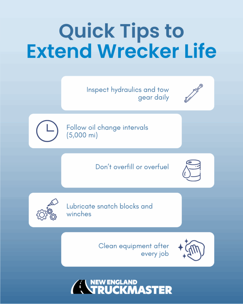 quick tips to extend wrecker life poster, presented by New England TruckMaster
