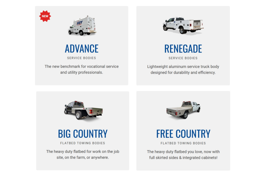 four boxes on the eby service bodies (ADVANCE and RENEGADE) and eby flatbeds (BIG COUNTRY and FREE COUNTRY)